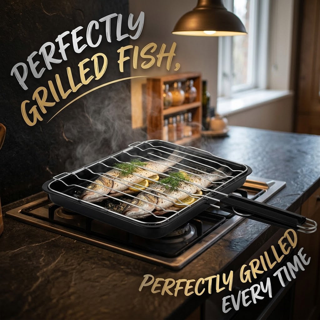 Rectangular Stovetop Grill Pan – Black Enamel Fish Grill Pan & with Removable Chrome Mesh Lid