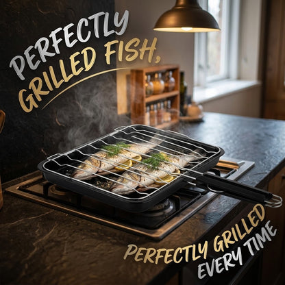 Rectangular Stovetop Grill Pan – Black Enamel Fish Grill Pan & with Removable Chrome Mesh Lid