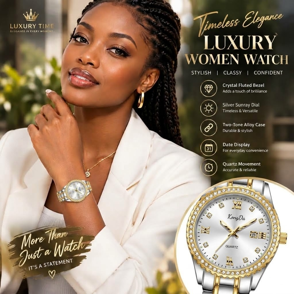 Women’s Luxury Quartz Watch – Sunray Dial, Crystal Fluted Bezel & Two-Tone Metal Bracelet
