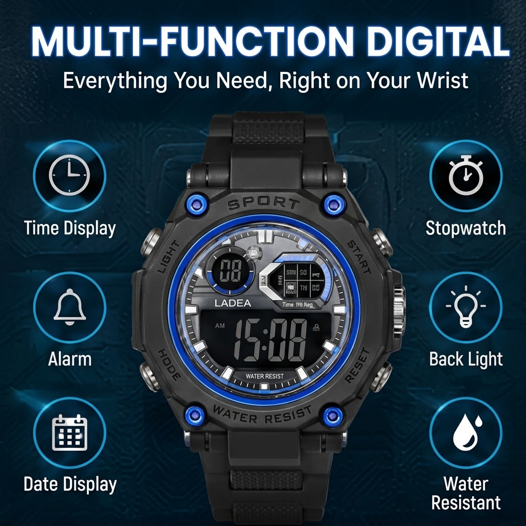 LASIKA Men’s Digital Sports Watch – Waterproof Casual Wristwatch with Resin Band & Alarm