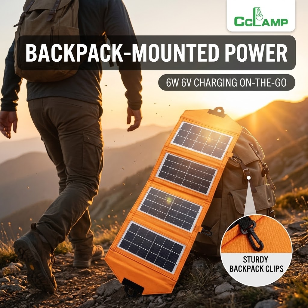 6W Foldable Solar Panel – Portable 6V Outdoor Charging Panel with Backpack Clip