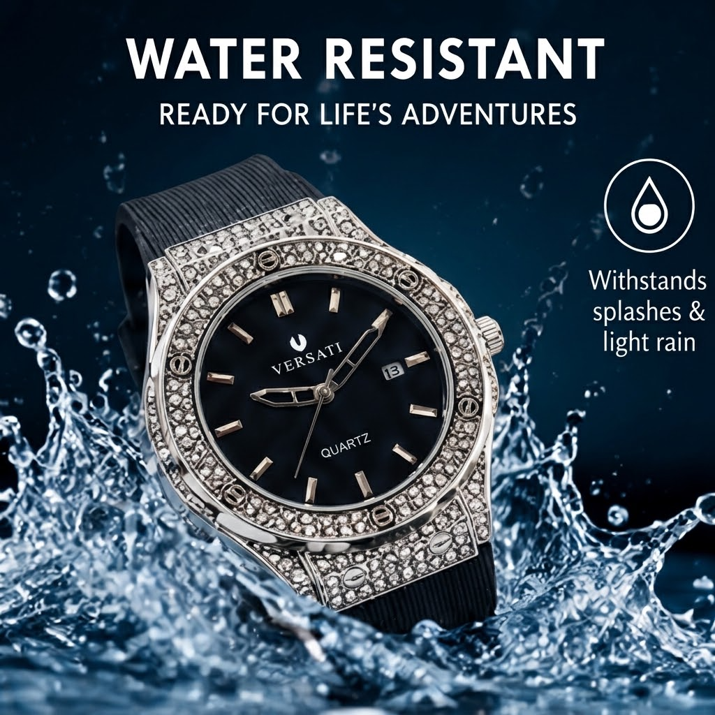 Men’s Diamond Crystal Watch – Hip Hop Style Wristwatch with Silicone Rubber Strap
