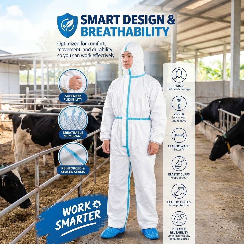 Hooded Nonwoven Protective Coverall – One-Piece Suit with Blue Stripes