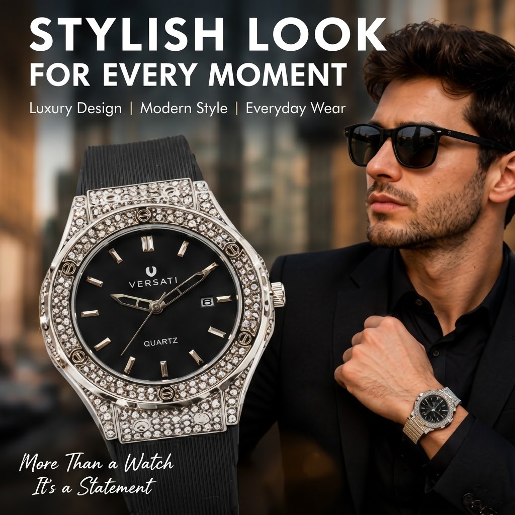 Men’s Diamond Crystal Watch – Hip Hop Style Wristwatch with Silicone Rubber Strap