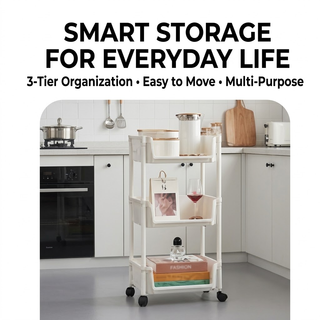 3-Tier Rolling Storage Cart – Movable Multi-Purpose Organizer Rack with Wheels