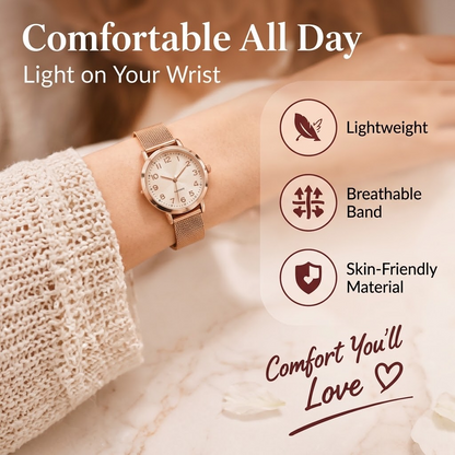 Women’s Rose Gold Minimalist Quartz Watch – Round Numeral Dial with Mesh Stainless Steel Strap