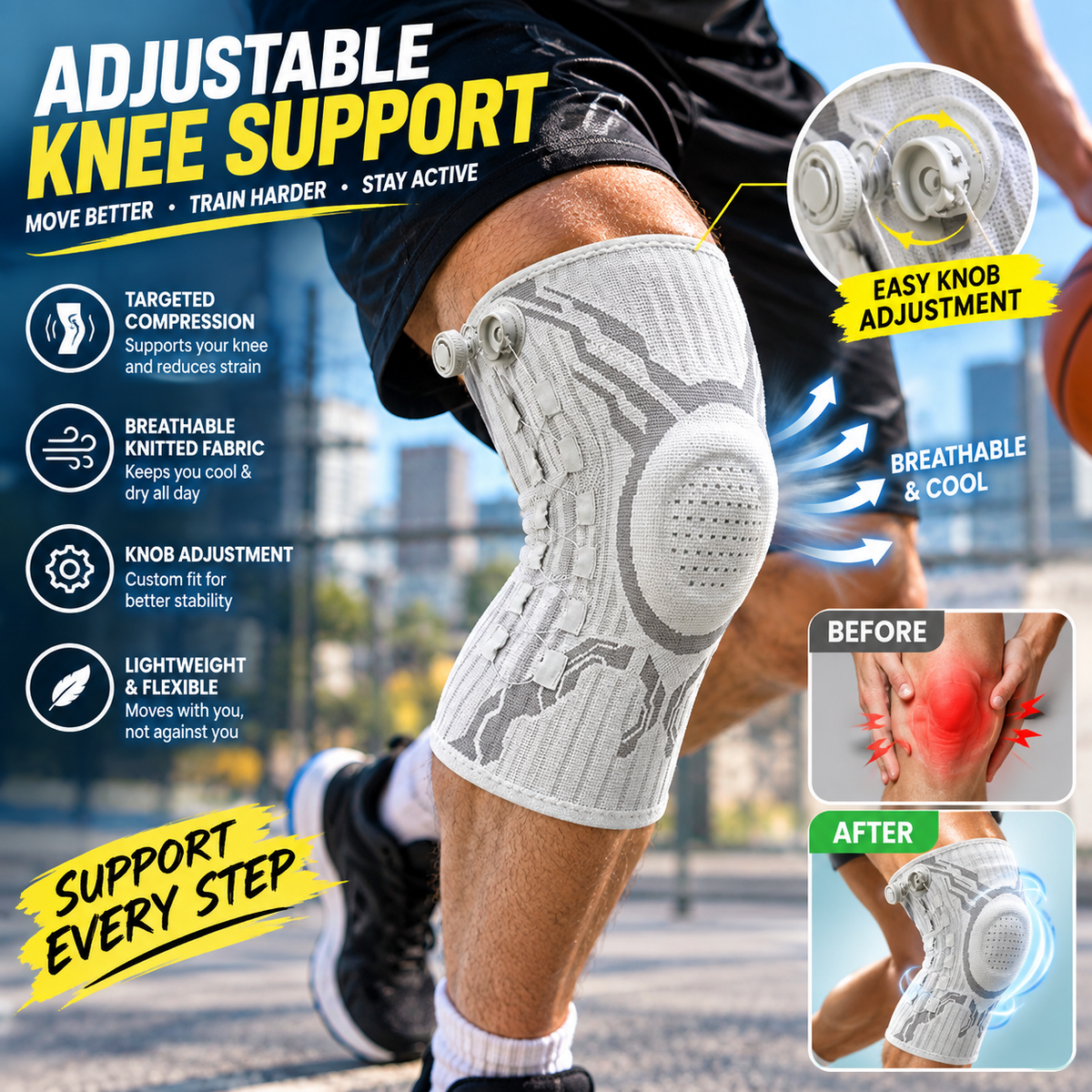 Adjustable Knee Compression Sleeve - Knee Support for Fitness, Basketball & Running