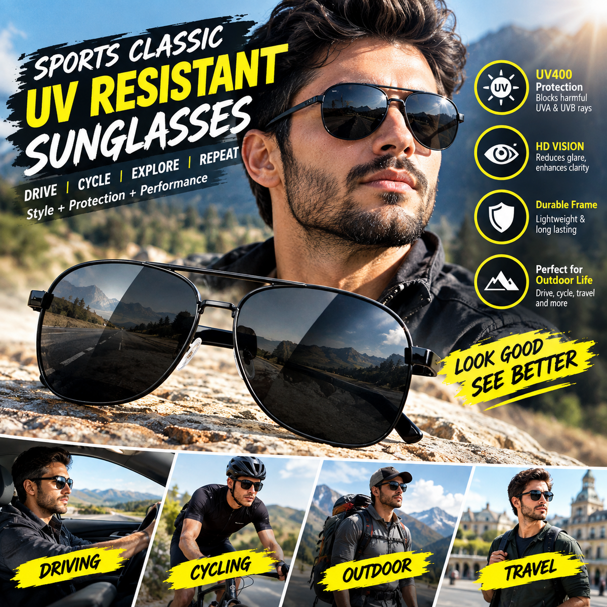 Men’s Classic Sports Sunglasses – UV-Resistant Eyewear for Driving, Cycling &amp; Outdoor Activities