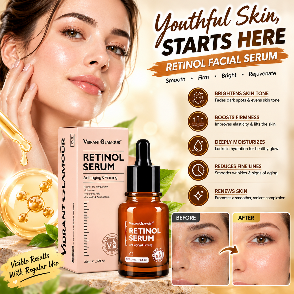 Retinol Facial Serum – Moisturizing Brightening & Firming Anti-Aging Skincare for Fine Lines