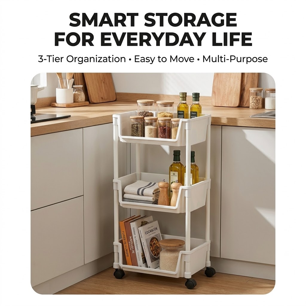 3-Tier Rolling Storage Cart – Movable Multi-Purpose Organizer Rack with Wheels