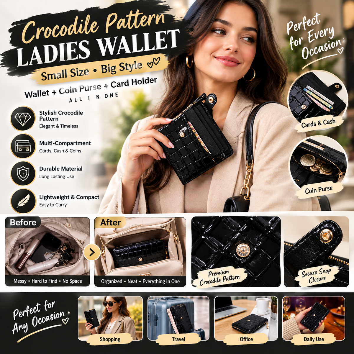 Crocodile Pattern Women’s Short Wallet – Ladies Clutch Coin &amp; Card Purse