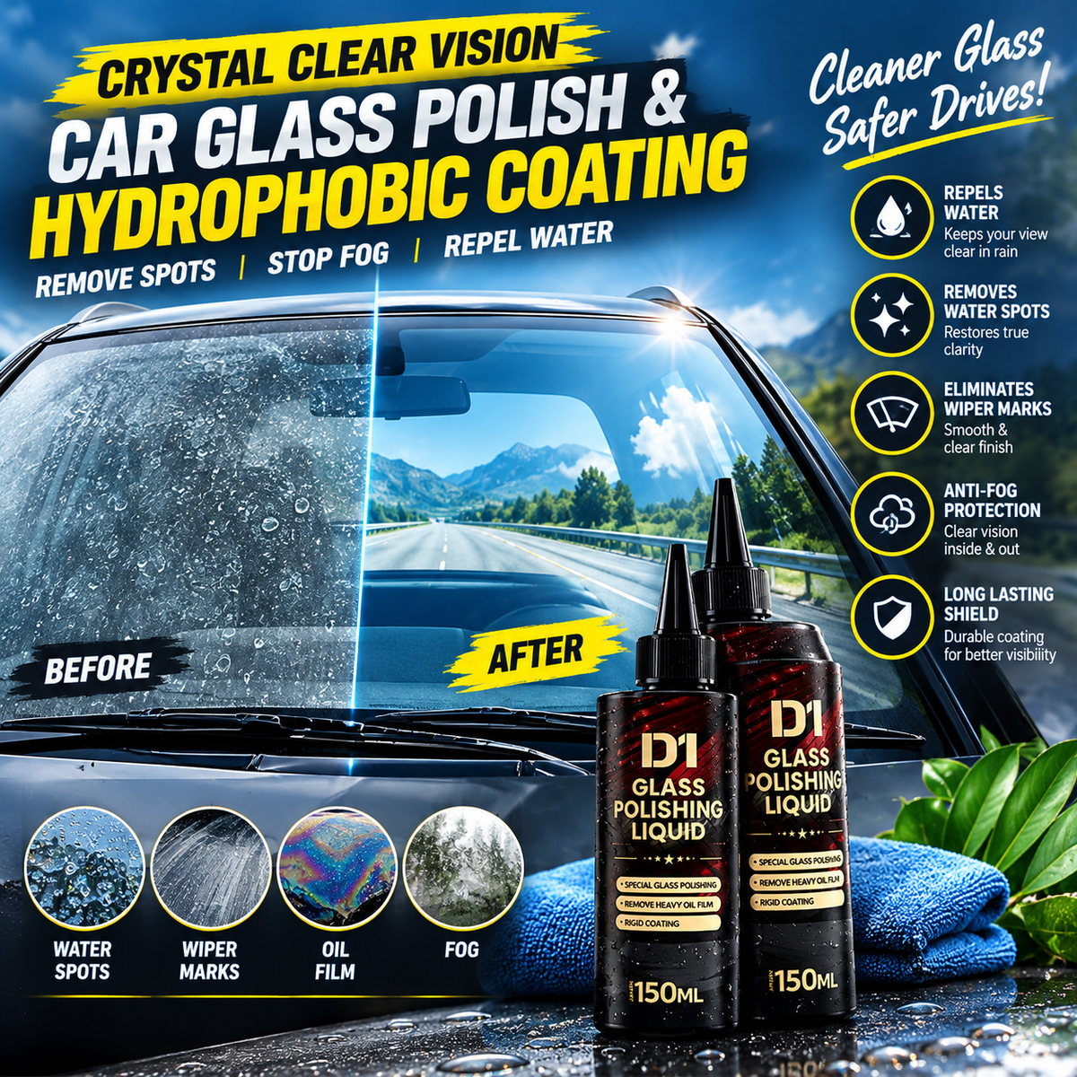 Car Glass Polish & Hydrophobic Anti-Fog Coating for Water Spots, Wiper Marks & Oil Film