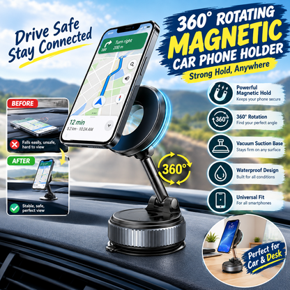 Magnetic Suction Cup Phone Mount for MagSafe – 360° Adjustable Foldable Car Phone Holder