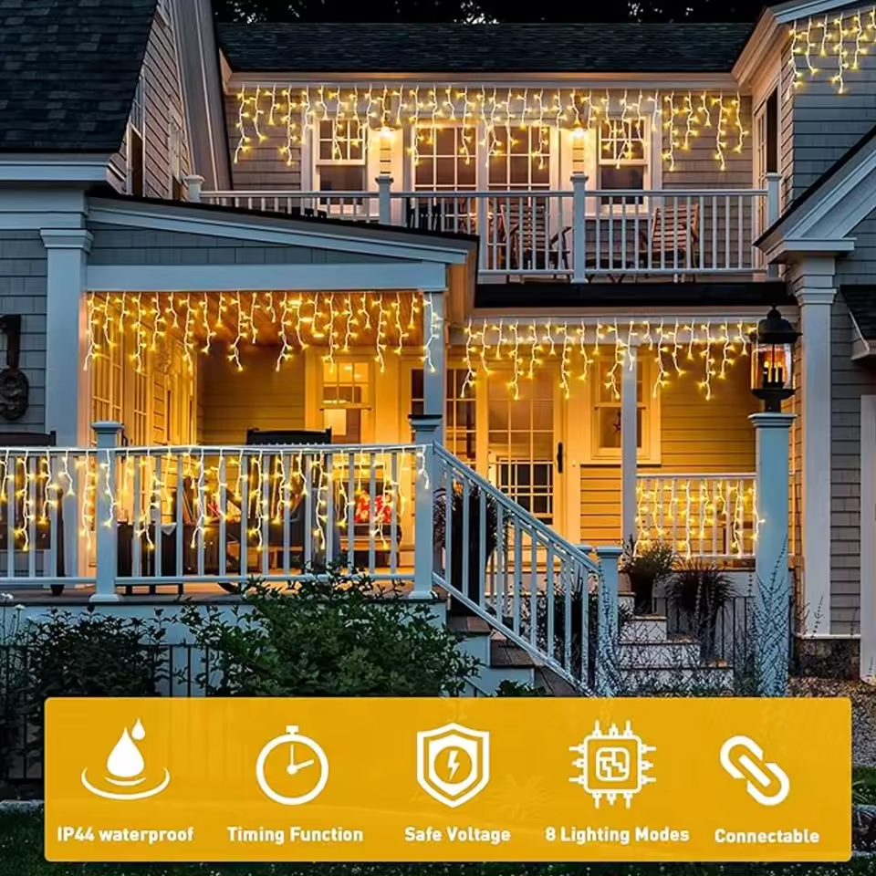 Warm White LED Curtain String Lights – 8 Modes for Home & Outdoor Decor