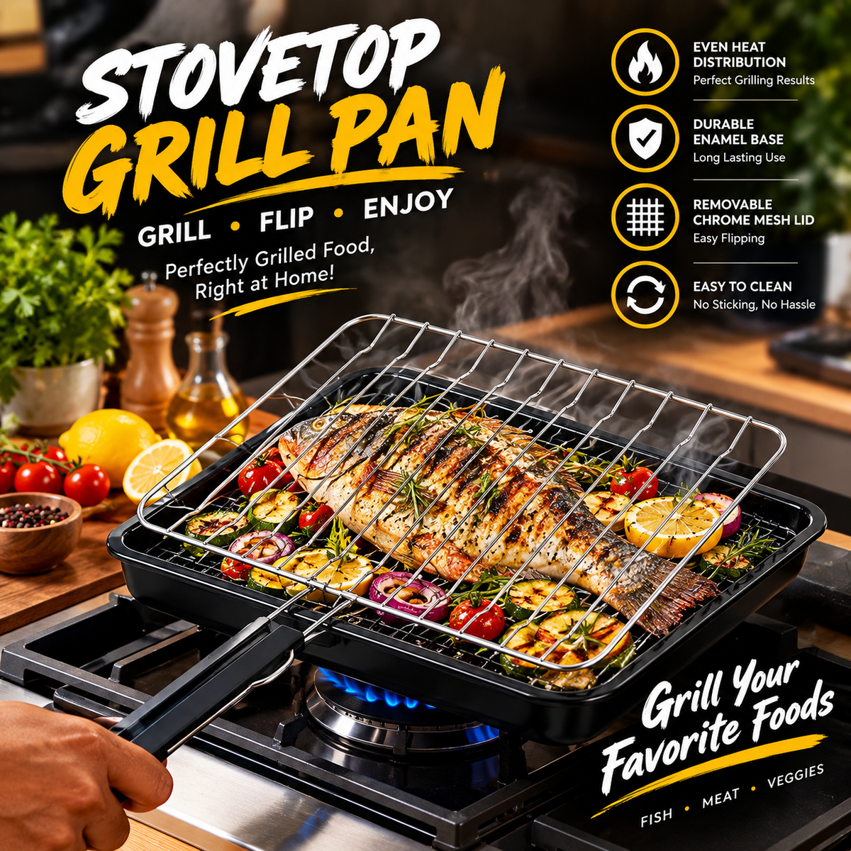 Rectangular Stovetop Grill Pan – Black Enamel Fish Grill Pan & with Removable Chrome Mesh Lid