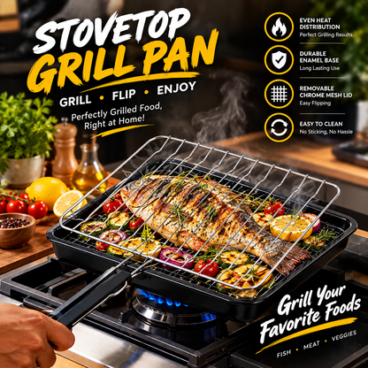 Rectangular Stovetop Grill Pan – Black Enamel Fish Grill Pan & with Removable Chrome Mesh Lid