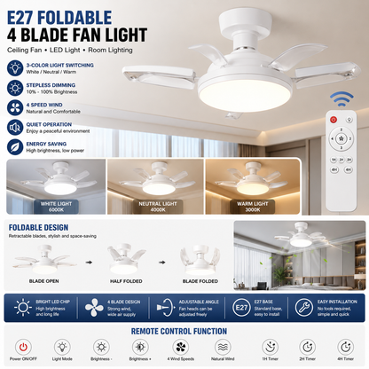 Fan – Foldable LED Lamp with Remote Control, Adjustable Wind Speed & Dimmable Lighting