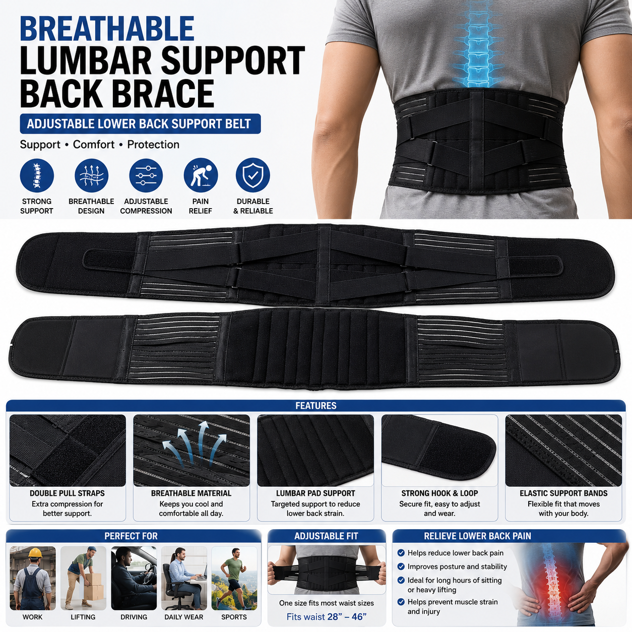 Lumbar Support – Adjustable Lower Back Support Belt for Work, Daily Wear & Comfort