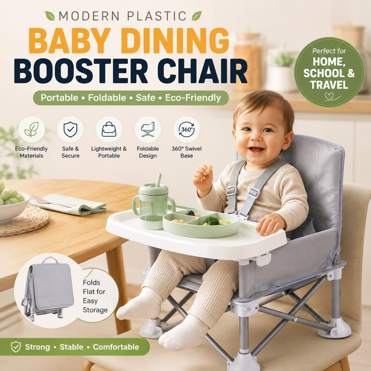 Portable Baby Booster High Chair – Foldable Plastic Kids Dining Chair with Swivel Base