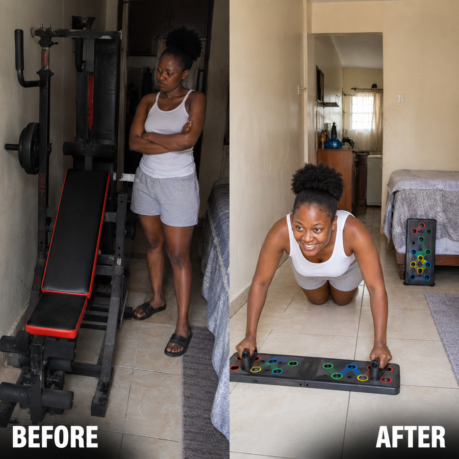 A bench, a rack and weights will never fit in your small sitting room or bedroom.