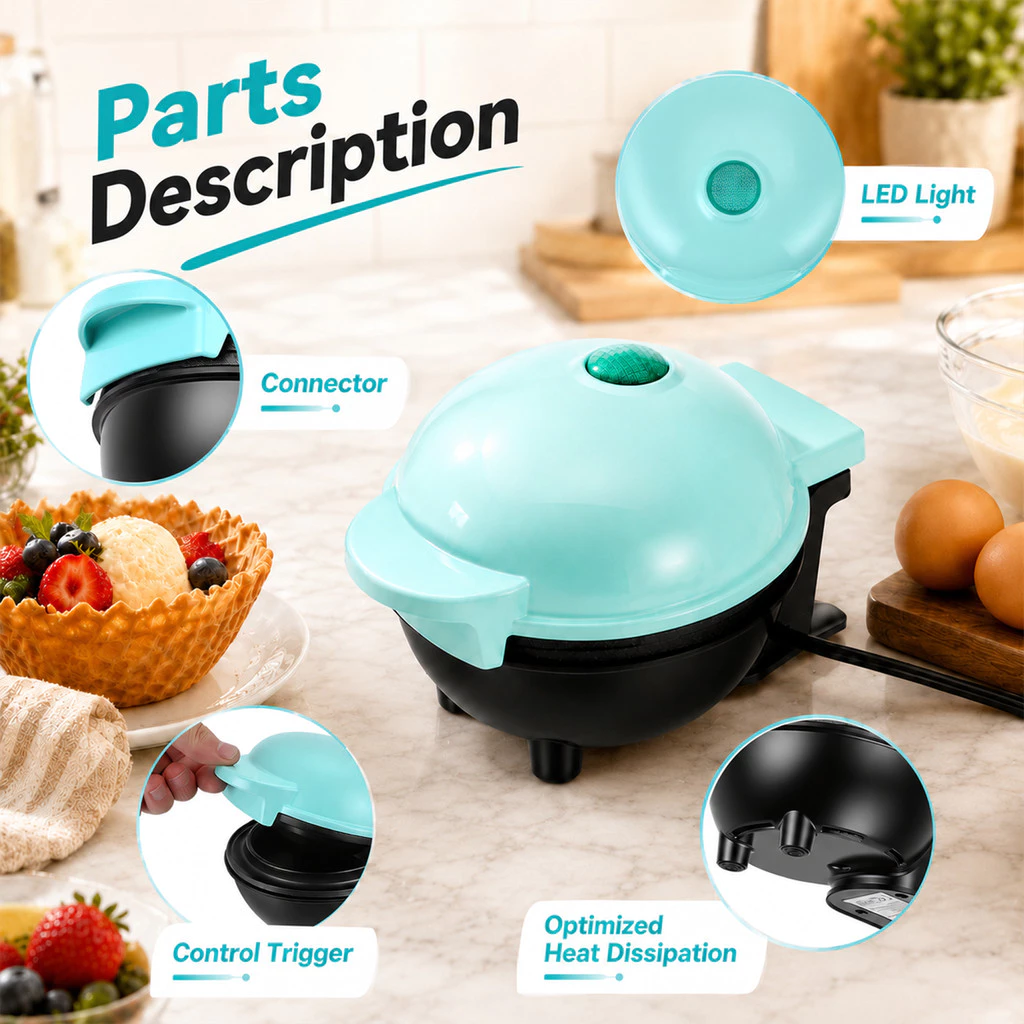 Waffle Bowl Maker – Non-Stick Breakfast Maker for Egg Tarts, Cones & Waffle Cups